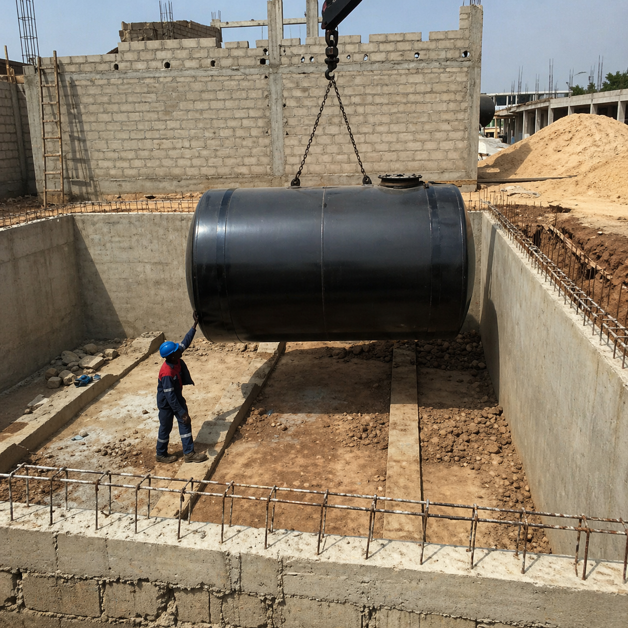 TECHNOBAT — Buried tank installation by crane