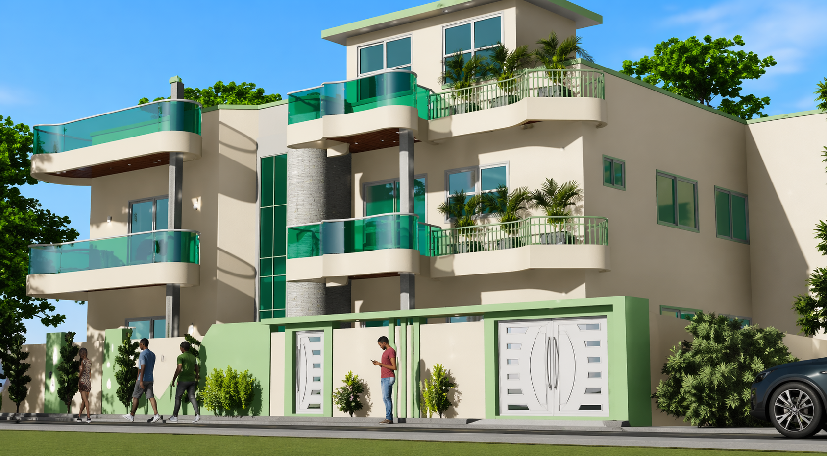 Programme résidentiel TECHNOBAT — résidence moderne avec balcons en verre teinté vert